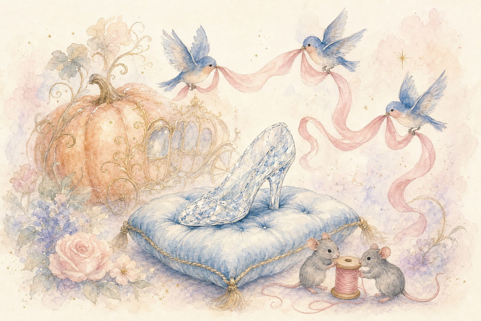 Watercolor illustration of a glass slipper on a blue cushion with a pumpkin carriage, bluebirds carrying pink ribbon, and two mice with a spool of thread
